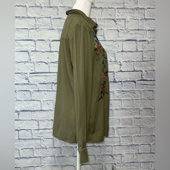 Jessica Simpson Burnt Olive Pearl Floral Embroidered Long Sleeve Button Down Top - Picture 5 of 15